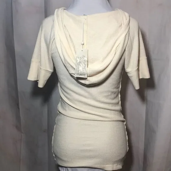 Mystree Waffle Knit Top Hood Short Sleeves Med - Picture 2 of 8